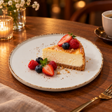 Splash Blanch 8-inch stackable plate with cheesecake and berries