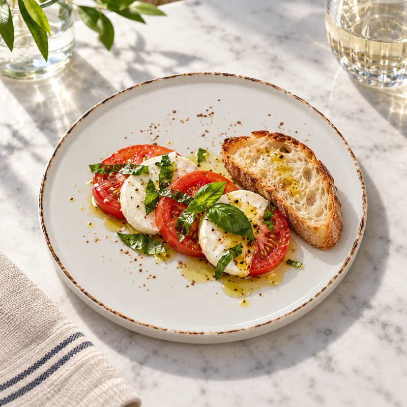 Splash Blanch stackable plate with a caprese starter and bread