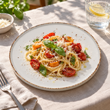Splash Blanch 9-inch stackable plate with pasta and tomatoes
