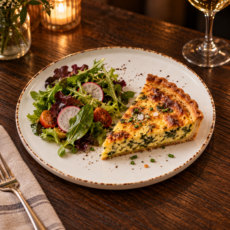Splash Blanch stackable plate with quiche and salad