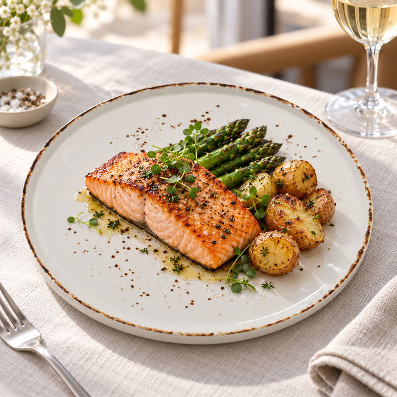 Splash Blanch 11-inch stackable plate with salmon, asparagus and potatoes