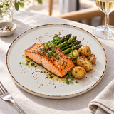 Splash Blanch 11-inch stackable plate with salmon, asparagus and potatoes