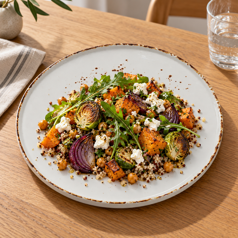 Splash Blanch stackable plate with roasted vegetables and grains