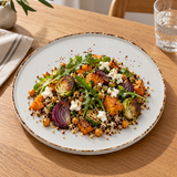 Splash Blanch stackable plate with roasted vegetables and grains
