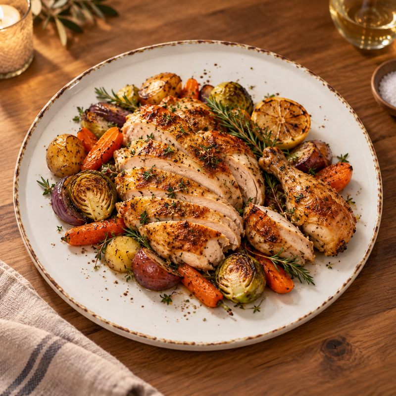 Splash Blanch 13-inch plate with sliced roast chicken and vegetables for sharing
