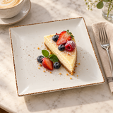 Splash Blanch 8-inch square plate with cheesecake and berries