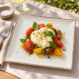 Splash Blanch square plate with tomatoes and burrata