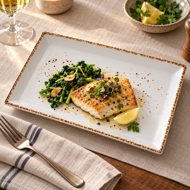 Splash Blanch rectangular plate with grilled fish and greens