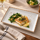 Splash Blanch rectangular plate with grilled fish and greens