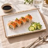 Splash Blanch rectangular plate with sushi and cucumber