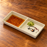 327-E twin Eggplant-pattern sauce dish with dipping sauce and green condiment