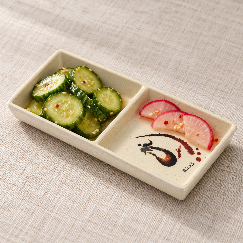 327-E Eggplant-pattern melamine sauce dish — separate two small accompaniments
