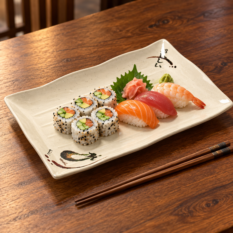 513-E Eggplant-pattern melamine plate — lay out a shared sushi selection
