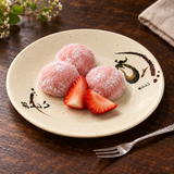 807-E round Eggplant-pattern melamine plate with mochi and strawberries