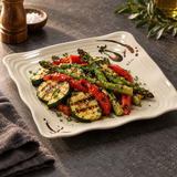 811S-E Eggplant-pattern melamine plate — A generous grilled vegetable side of zucchini, asparagus and red pepper in the center on a dark gray tabletop