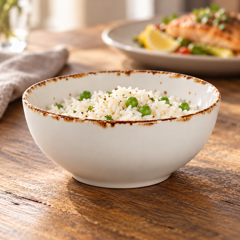 Splash Blanch 14-ounce bowl serving rice alongside a dinner setting