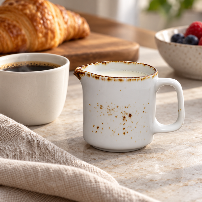 Splash Blanch creamer beside a cup of coffee at breakfast