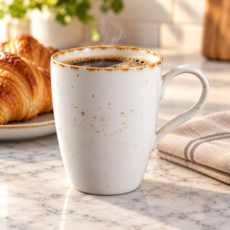 Splash Blanch mug filled with coffee beside a breakfast pastry