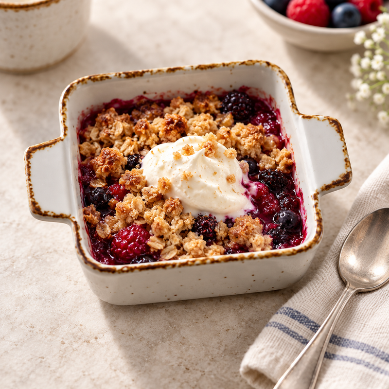 Splash Blanch square dish with an individual berry crumble