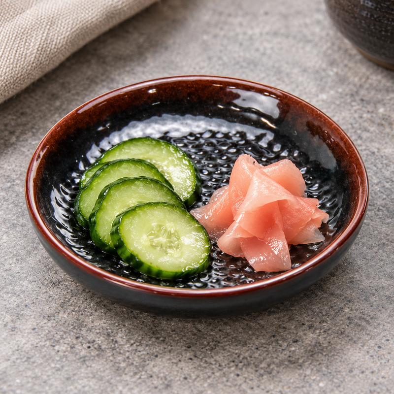 Cucumber pickles and ginger in the 3½-inch Tenmoku sauce dish