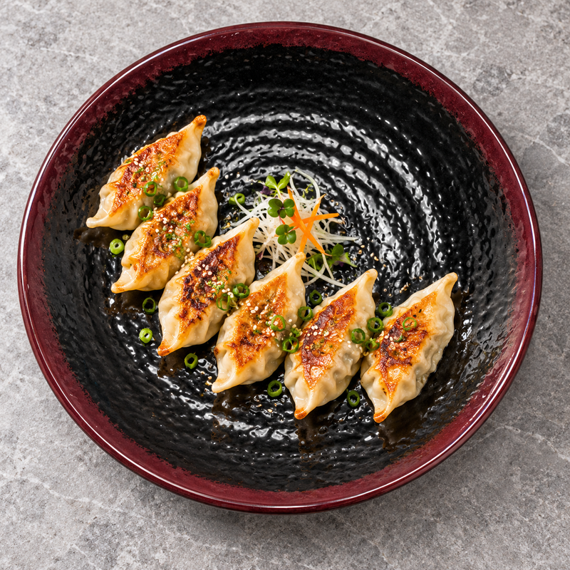 Gyoza appetizer arrangement on the 11¾-inch Tenmoku round plate