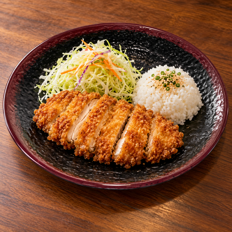 Chicken katsu with rice and cabbage on the 11¾-inch Tenmoku round plate