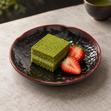 1806TM six-inch Tenmoku lotus plate with matcha cake and strawberries