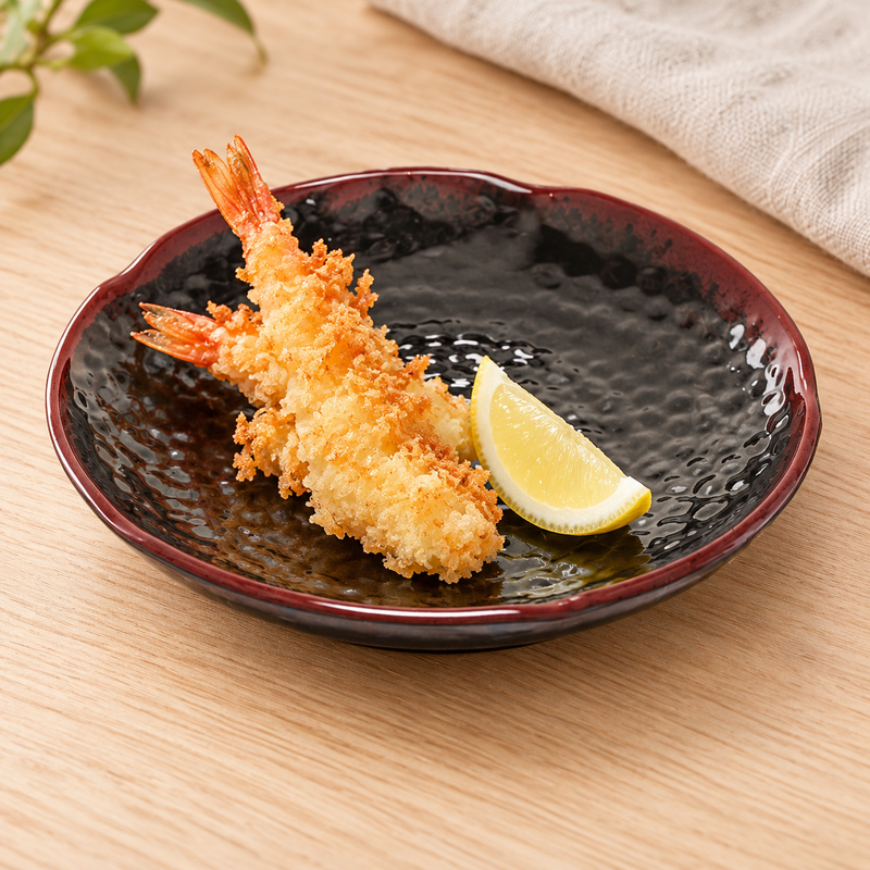 Two shrimp tempura on the six-inch Tenmoku lotus plate
