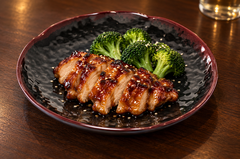 1808TM Tenmoku lotus plate with sliced chicken teriyaki and broccoli