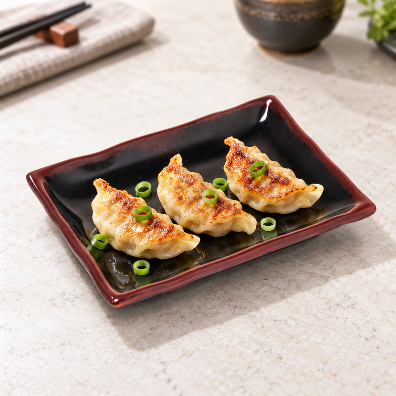 Three gyoza arranged in the compact Tenmoku 2406TM plate