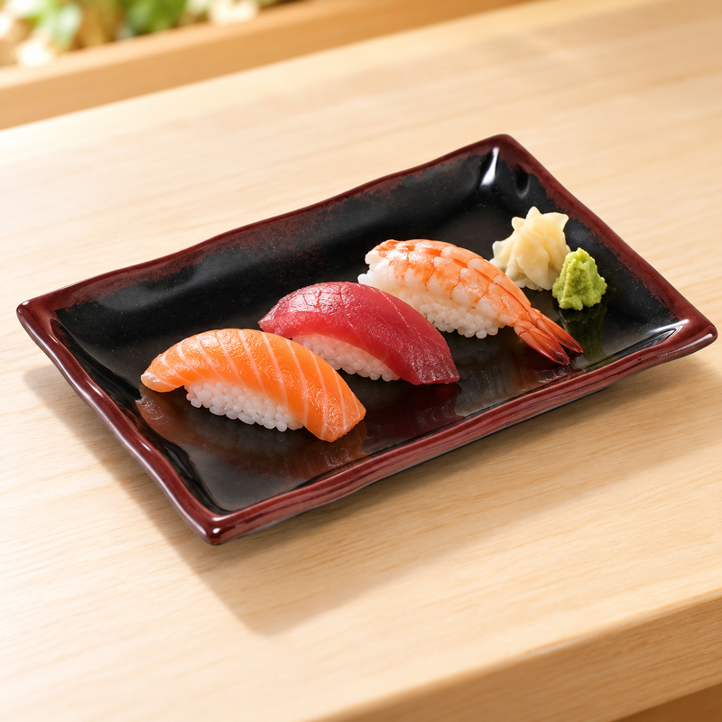 Three nigiri arranged on the black and brown Tenmoku 2408TM plate