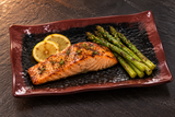 2412TM black and brown Tenmoku rectangular melamine plate with salmon