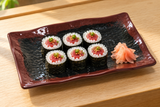 2412TM black and brown Tenmoku rectangular melamine plate with sushi