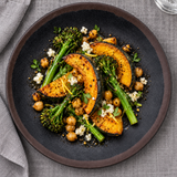 IT-F3111TM Tenmoku round plate serving roasted squash, broccolini and chickpeas