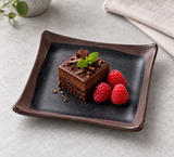 IT-F5105TM Tenmoku square plate with chocolate cake and raspberries