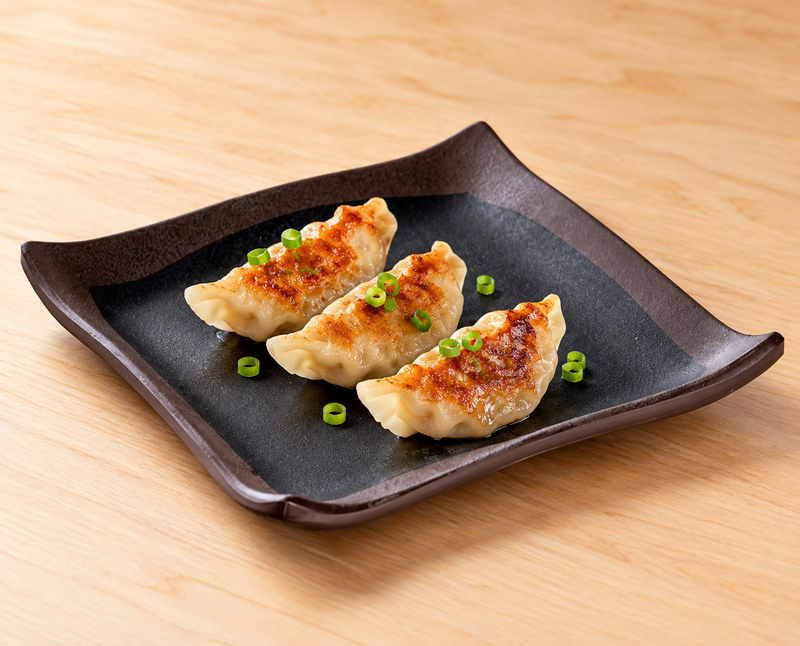 Three gyoza arranged on the 5¾-inch Tenmoku square plate