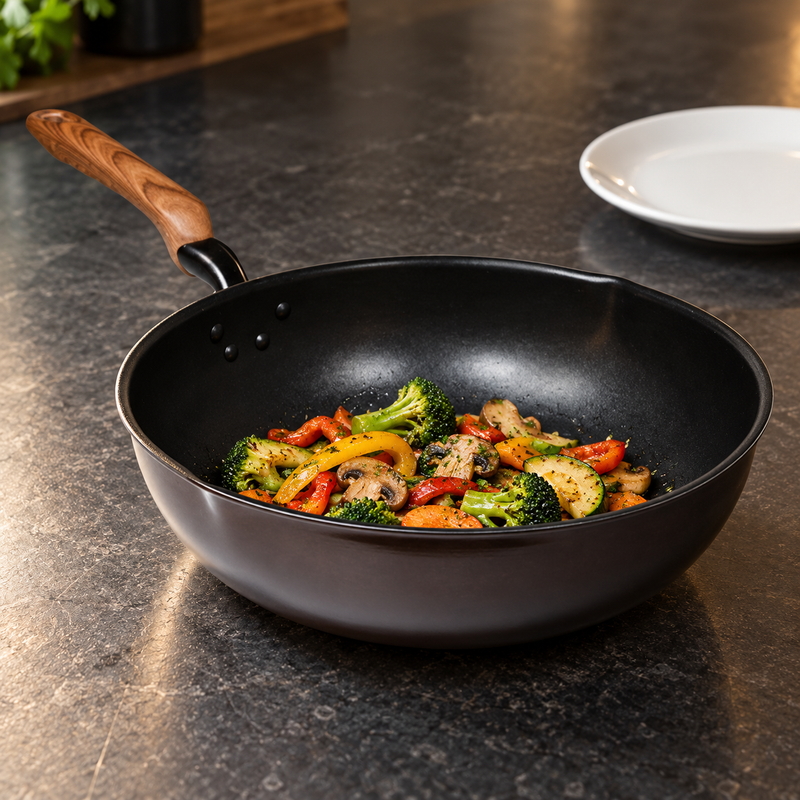 12.60" Aluminum Stir-Fry Pan with Wood Handle — For induction and gas cooking