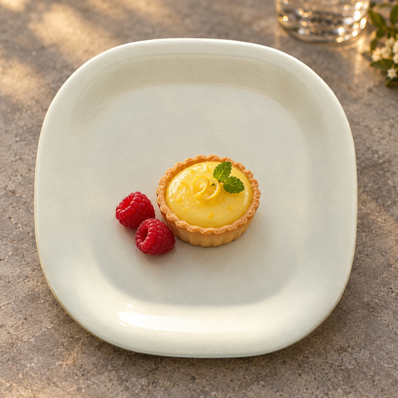 PS3008V Passion Pearl melamine plate with a petite lemon tart and raspberries, serving suggestion