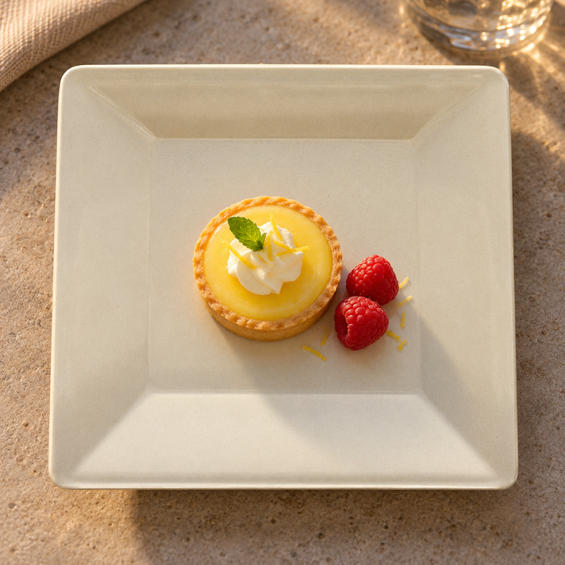 PS3208V Passion Pearl melamine plate with a petite lemon tart and raspberries, serving suggestion