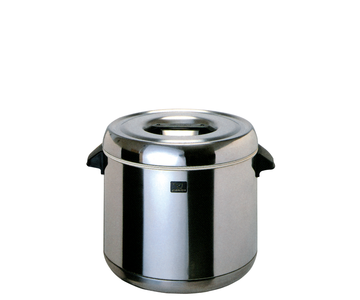 Zojirushi RDS-600 6-liter thermal rice holder with a tall stainless steel body, removable lid and black side handles.