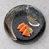 S211-AA charcoal and brown ceramic plate serving salmon sashimi