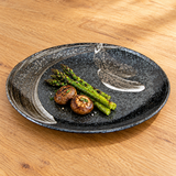 S211-AA charcoal and brown ceramic plate serving grilled asparagus and mushrooms