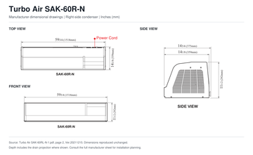 Turbo Air SAK-60R-N manufacturer top, front and side dimensional drawings