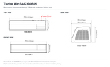 Turbo Air SAK-60R-N manufacturer top, front and side dimensional drawings
