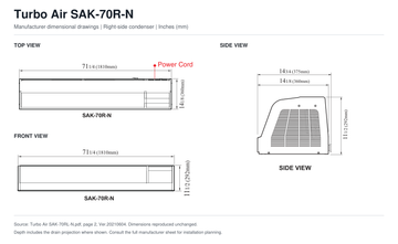 Turbo Air SAK-70R-N manufacturer top, front and side dimensional drawings