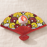 Floral fan-shaped ceramic plate with strawberry mochi