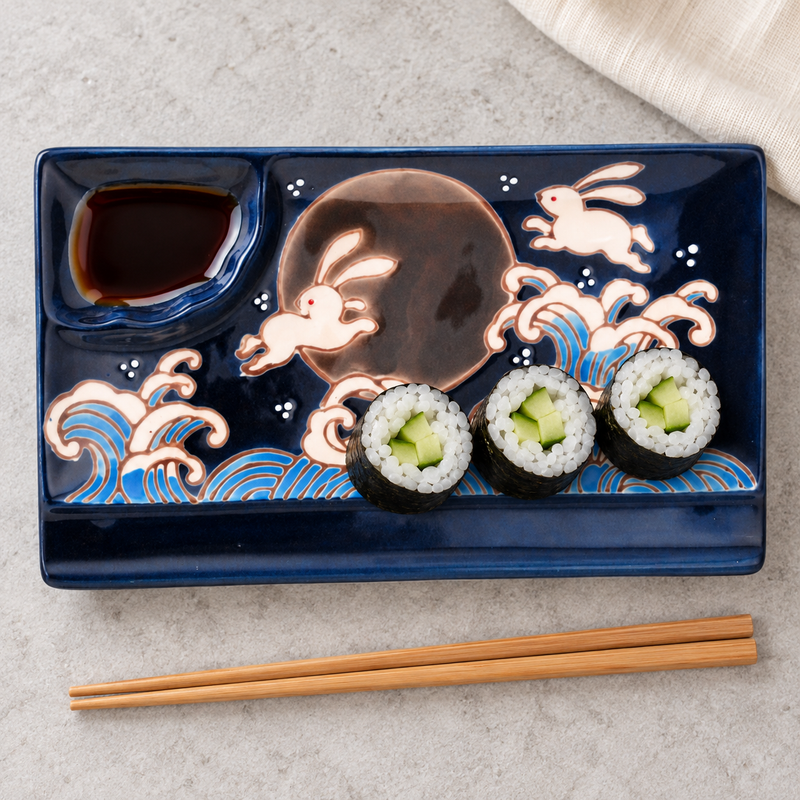 8 in Moon Rabbit Divided Plate with Wooden Chopsticks — SFP3-3355