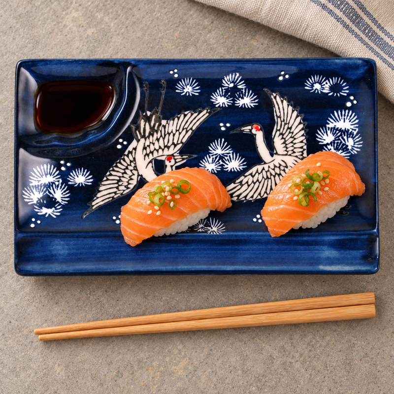 8 × 5 in Blue Crane Sushi Plate with Wooden Chopsticks — SFP3-5932