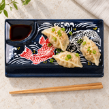 Koi divided plate with dumplings and soy sauce