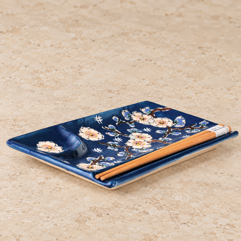 Blue & White Blossom Sushi Plate with Sauce Well — SFP3-6719